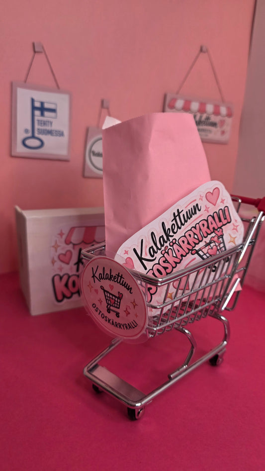 Korukärry #010 – Mysteeripaketti, suljettu vaaleanpunainen pussi miniostoskärryssä
